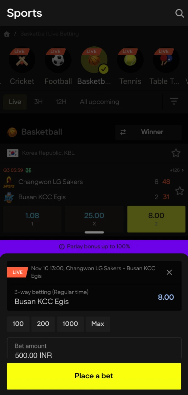 Choose your basketball bet type at Parimatch online casino.