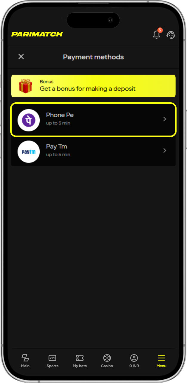 Choose a payment system at Parimatch and click on it.