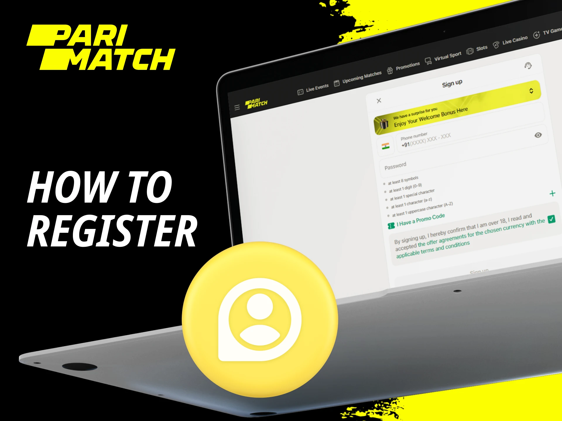 Instructions for users on how to create a new account on the Parimatch online casino website.