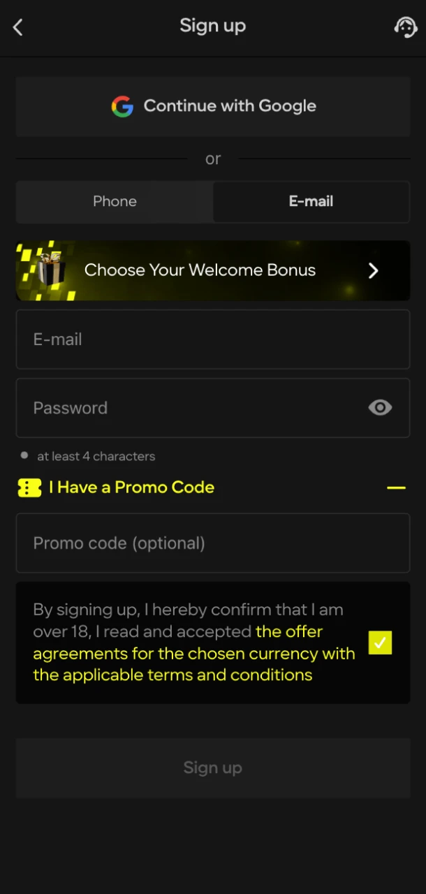 Choose a method for creating a new account at Parimatch online casino.