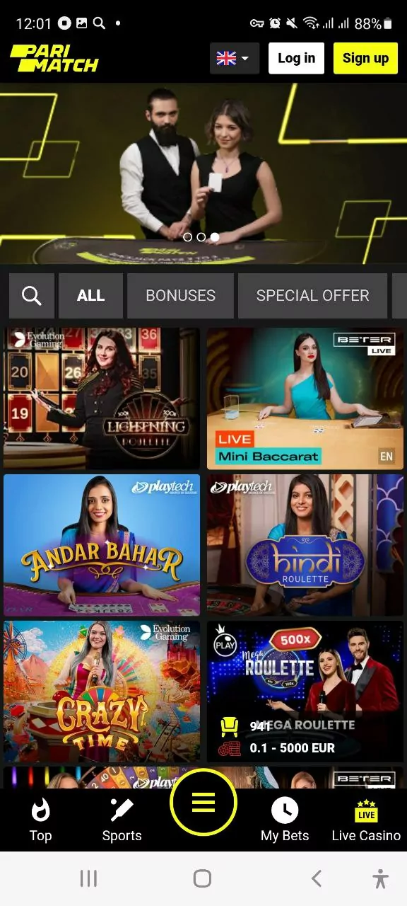 The screenshot shows live casino games in the Parimatch app.