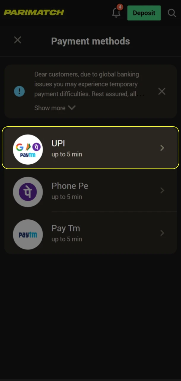 Find out what deposit methods are available at Parimatch online casino.