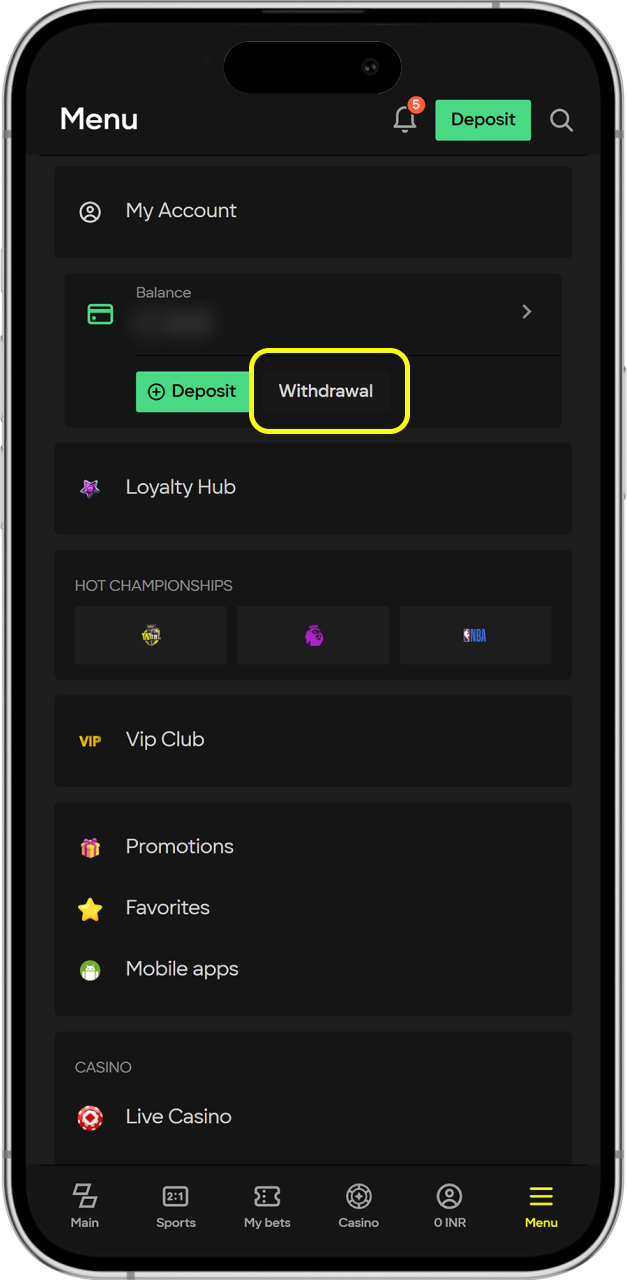 Open Parimatch menu and click on withdrawal button.