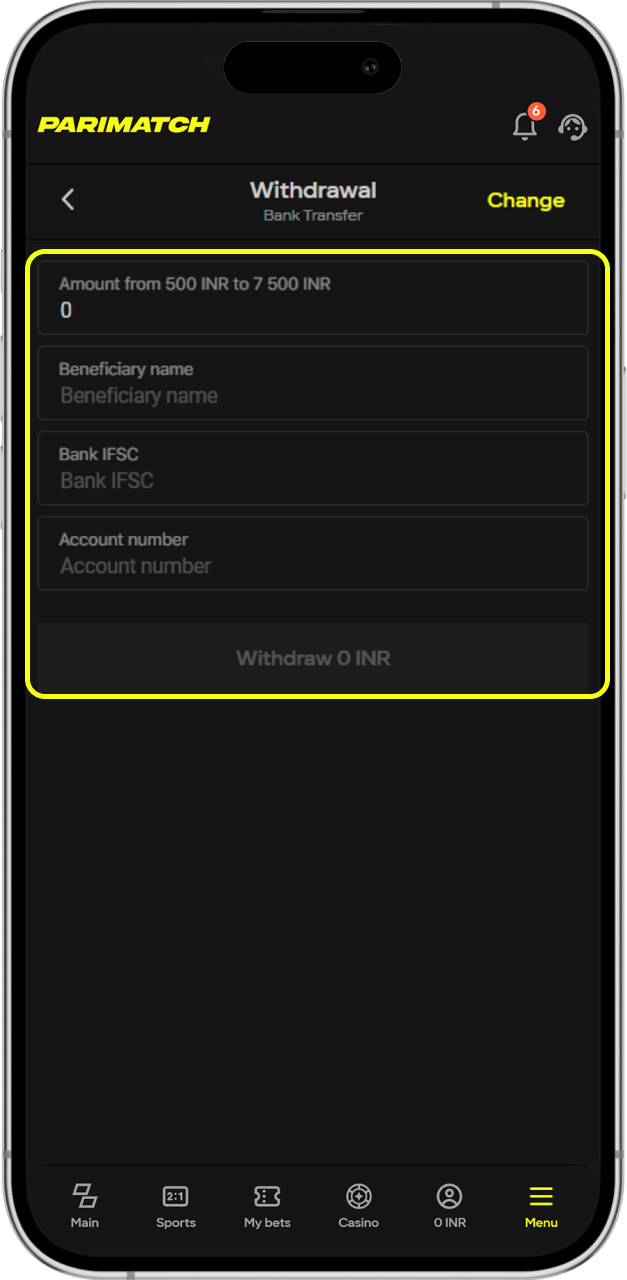 Fill all the information to withdraw money from your Parimatch account.